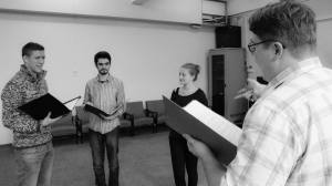 (rl) Matt McConnell, Ciaran Cresswell, Megan Probert and myself in rehearsal.